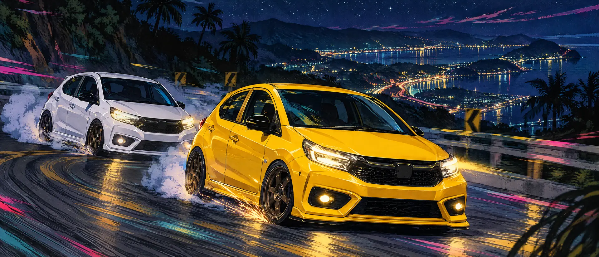 Anime key art: a yellow Brio RS drifts a mountain hairpin at night, a white Brio chasing, city lights on the bay below