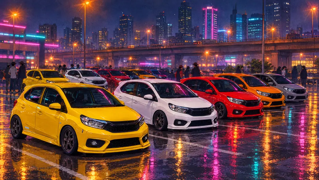 Anime art: Brios lined up on a rain-soaked lot at night under city towers