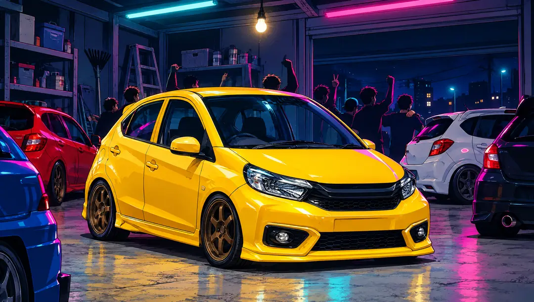 Manga panel in colour: the same Brio, now a lowered yellow RS on bronze wheels, friends cheering around it under neon