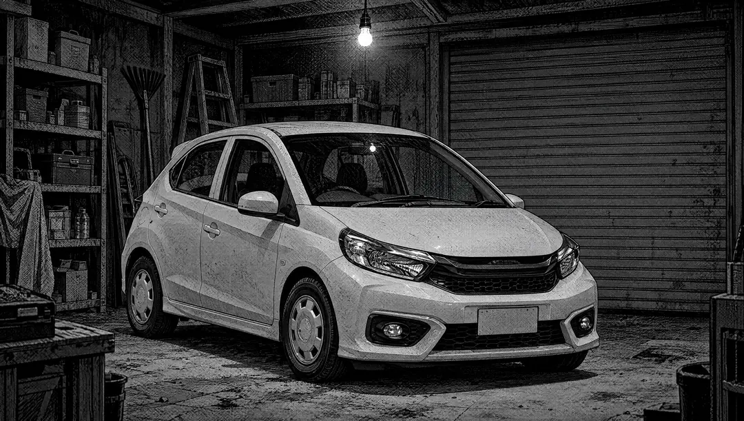 Manga panel in black and white: a stock Brio parked alone in a bare garage under one hanging bulb