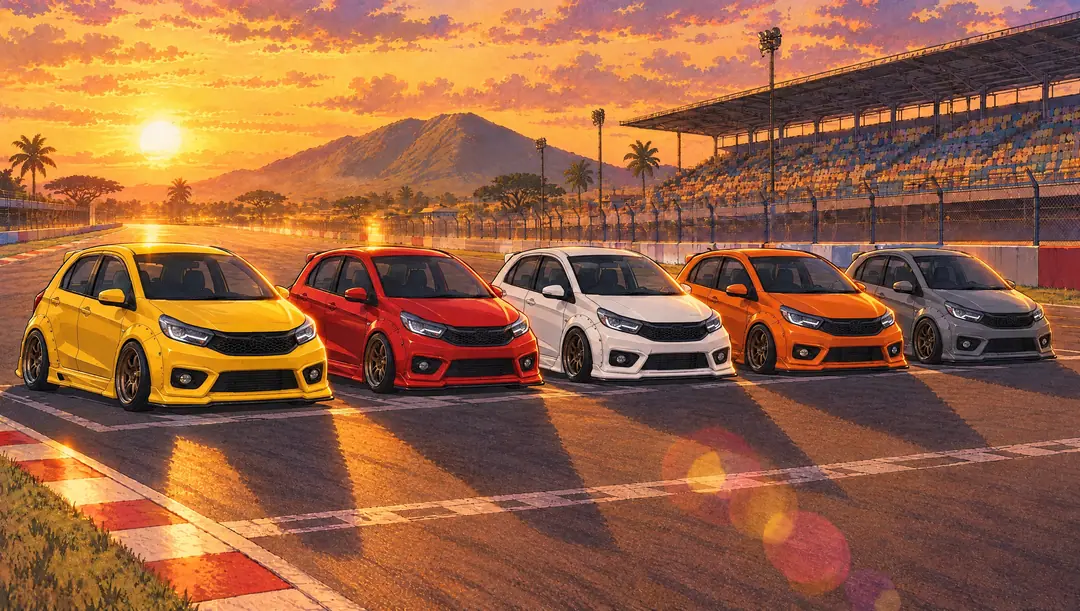Anime art: five Brios lined up on a race track grid at sunset, grandstand and mountain behind
